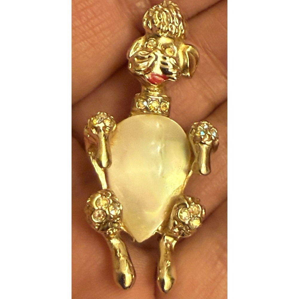 Vintage Faux Pearl Rhinestone Poodle DOG Pin Brooch 2" Rare